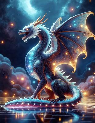 The primary subject of the image is a blue dragon with a white face, sitting on a blue surface. The dragon has a fierce expression and is surrounded by a cloudy sky. The setting appears to be a nighttime scene, with the dragon as the main focus. The visual style of the image is digital art, as it is a well-crafted and detailed illustration. The dominant colors in the image are blue and white, creating a sense of calmness and mystery.